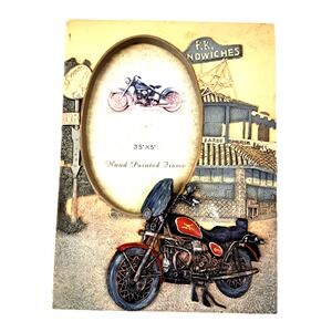 Vtg Motorcycle Picture Photo Frame Hand Painted Resin Biker Decor Gift 3.5x5"